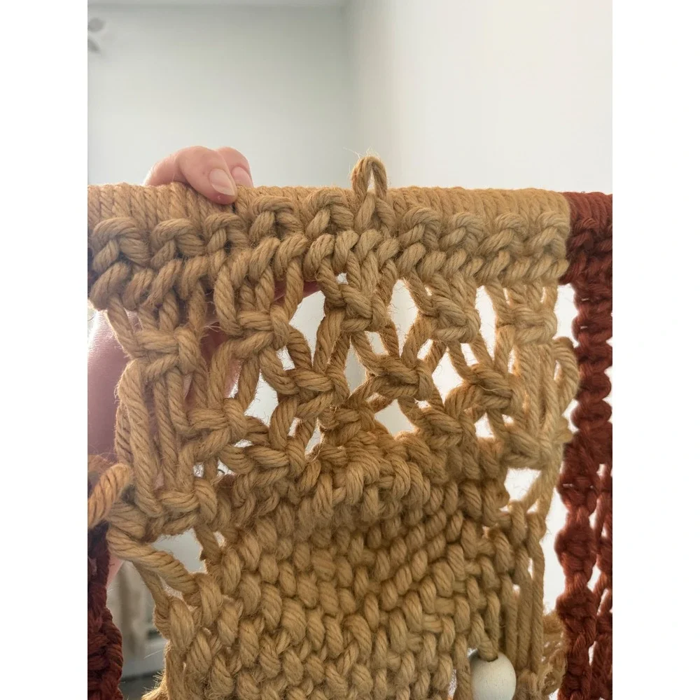 Vintage 70s Macrame Owl Wall Hanging Boho Fiber Art Terracotta Mustard Rust